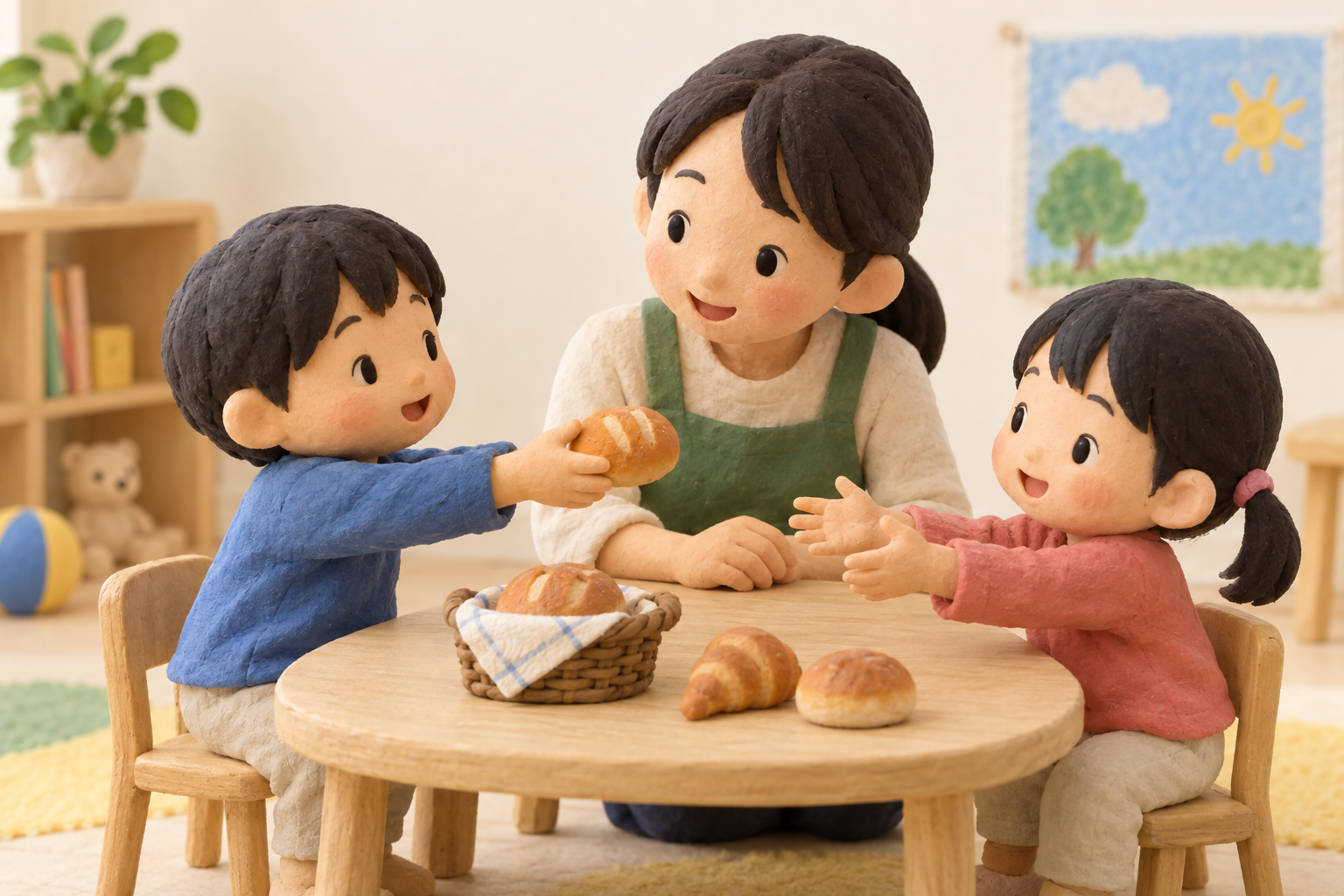 パン屋さんごっこでおもちゃのパンをやりとりする子どもたちのイメージイラスト