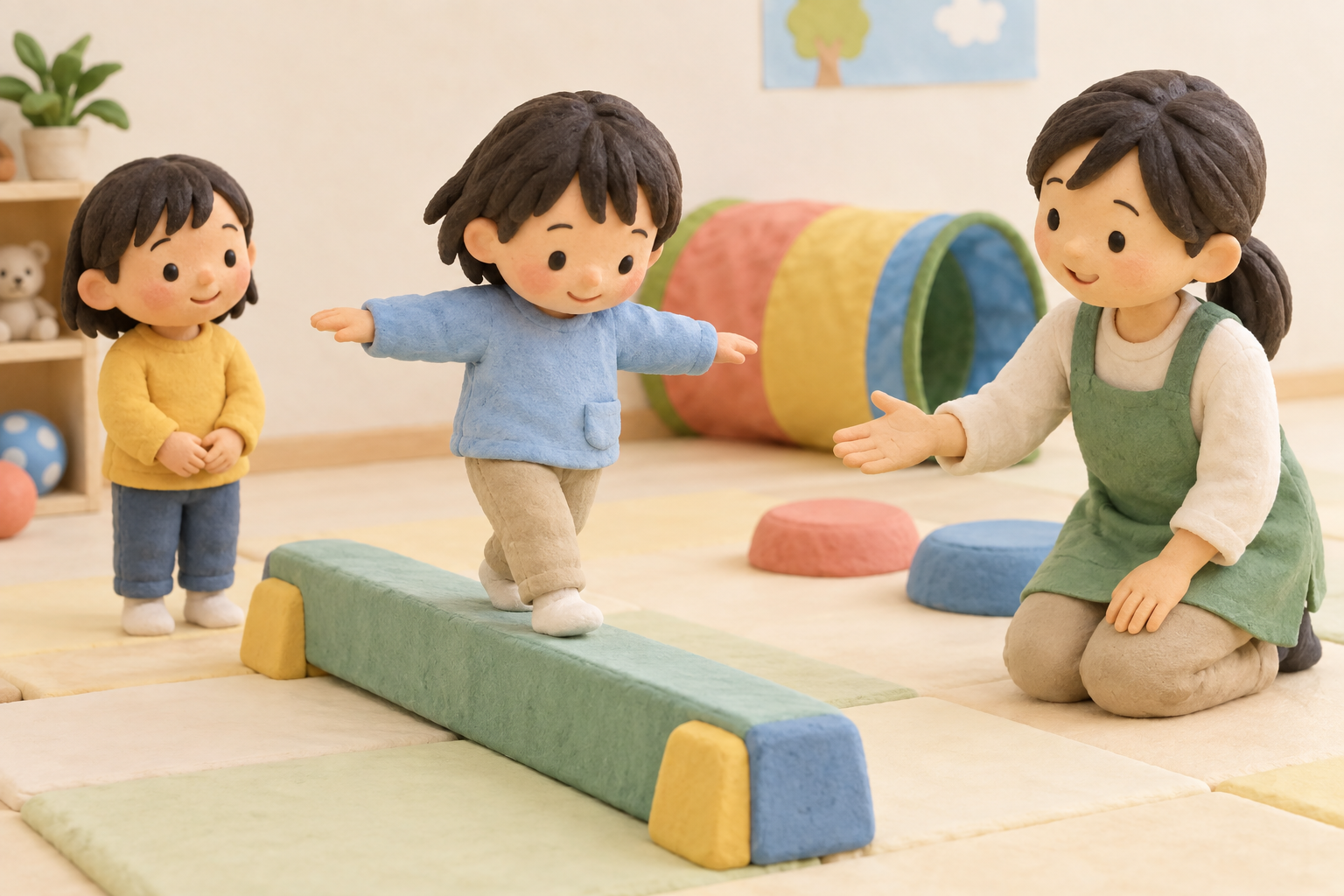大人に見守られながら低い平均台を渡る子どものイメージイラスト