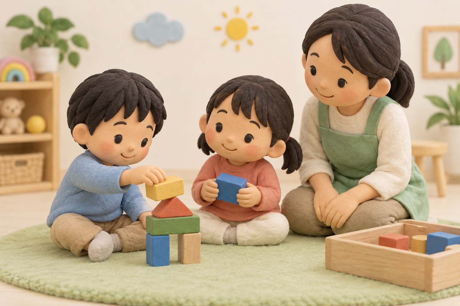 大人に見守られながら順番に積み木を重ねる子どもたちのイメージイラスト